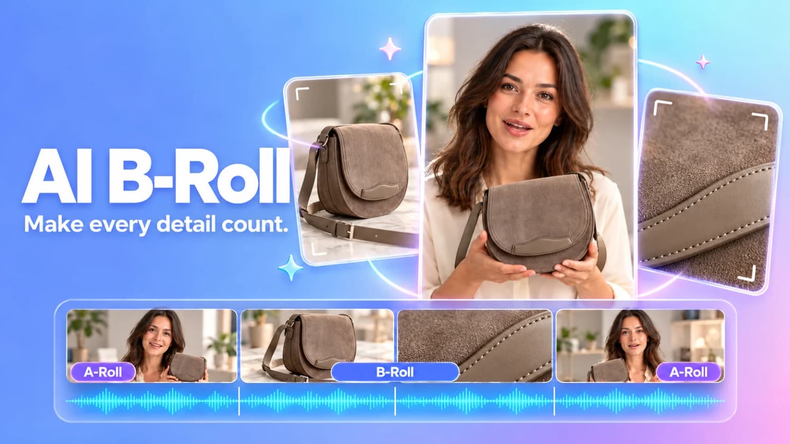 AI B-Roll: avatar presentation and close-up clips of a taupe suede bag