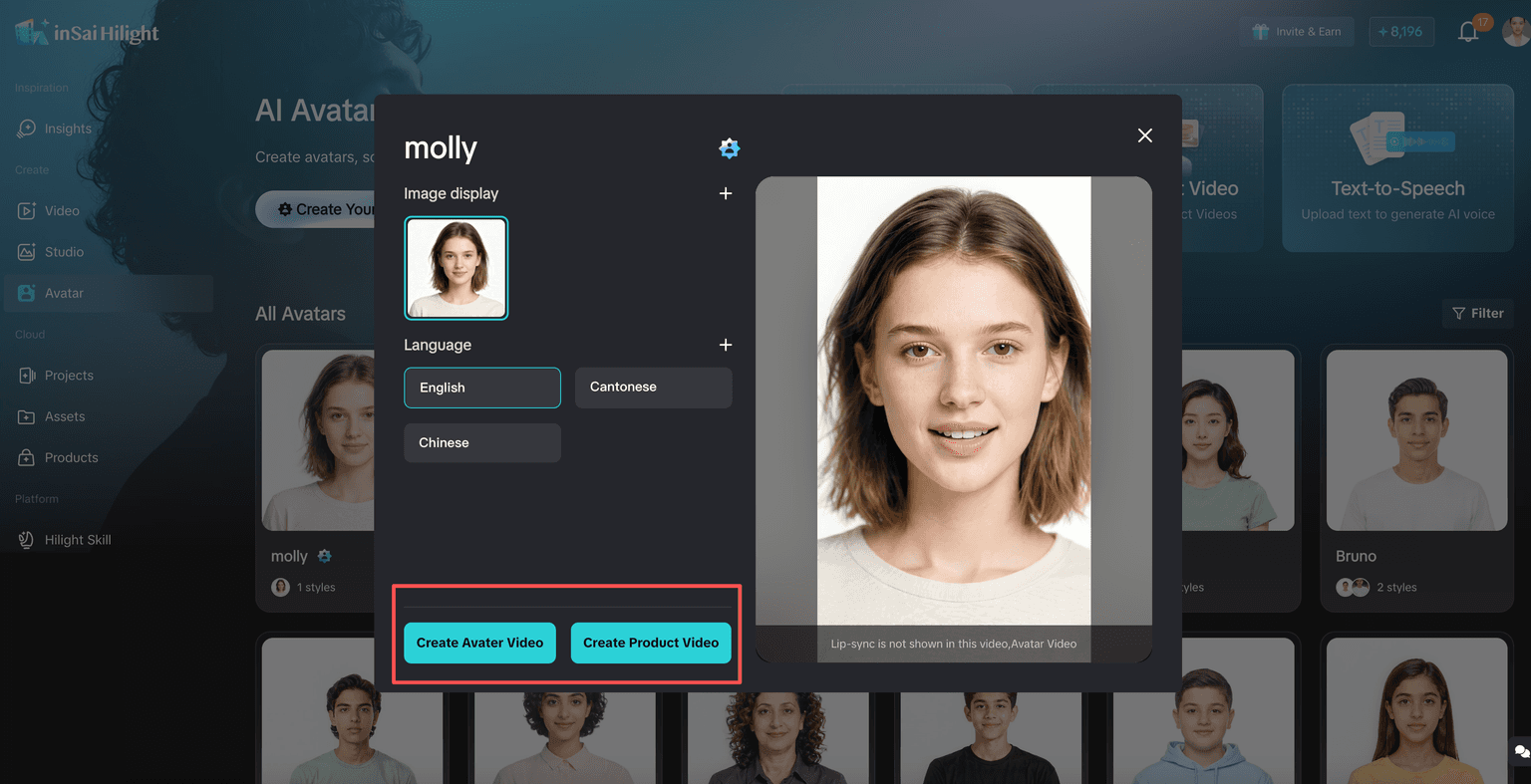 HiLight voice and language setup for AI avatar in English