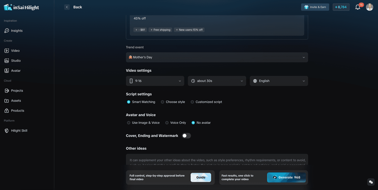 HiLight creation form with one-click and fine-tune generation options